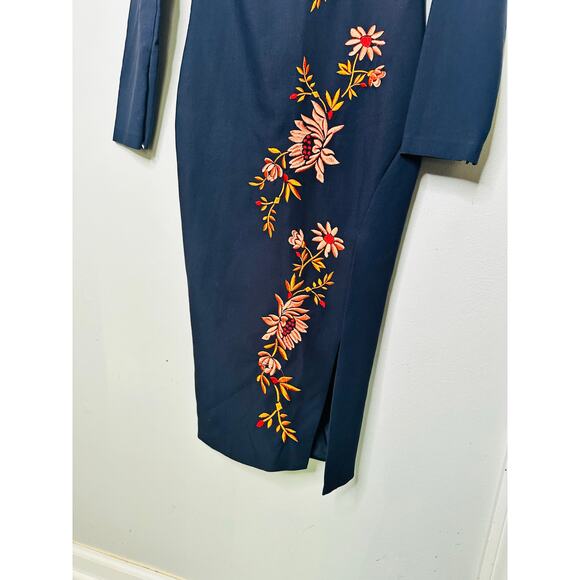 CINQ A SEPT Women's Navy Orange Floral Embroidered Side Slit Lexi Dress Size 8 - Picture 8 of 16